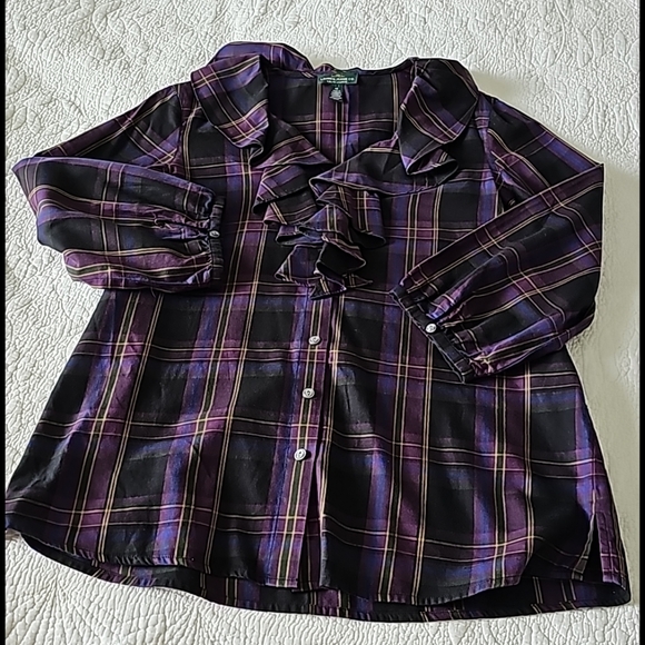 LRL Ruffled Trim Neckline Buttondown Plaid Blouse - Picture 13 of 15